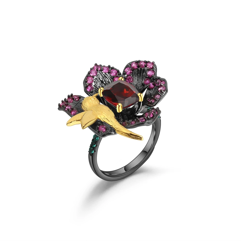 Hummingbird And Flower Genuine 925 Sterling Silver Finger Rings For Women Open R - £58.28 GBP