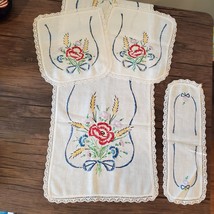 Vintage Embroidered Dresser Set, 4 piece, Crochet Lace Table Runner Cott... - $39.99