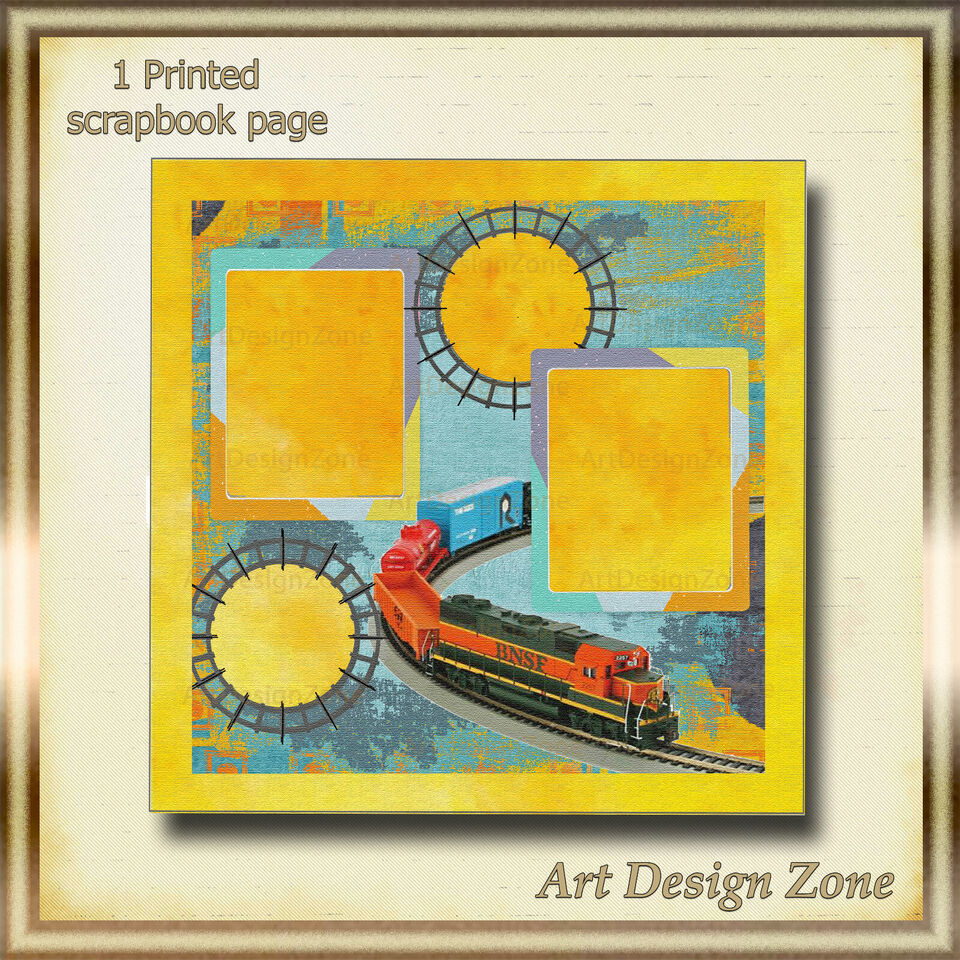 Train and Tracks Brightly Colored Scrapbook Page with Yellow-Gold Inserts - $12.00