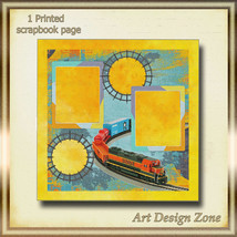 Train and Tracks Brightly Colored Scrapbook Page with Yellow-Gold Inserts - £11.78 GBP