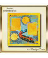 Train and Tracks Brightly Colored Scrapbook Page with Yellow-Gold Inserts - £11.79 GBP