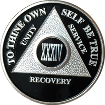 Black &amp; Silver Plated 34 Year AA Alcoholics Anonymous Sobriety Medallion Vinyl P - £14.79 GBP