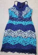 GREYLIN Mini Dress Women Medium Blue Lace Lined Nylon Sleeveless V Neck Back Zip - £22.36 GBP