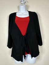 Susan Lawrence Womens Size M Blk/Red Tie Front Stretch 2fer Top 3/4 Sleeve - £6.02 GBP