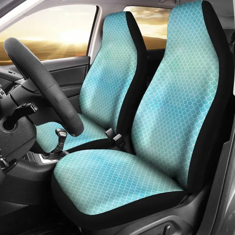 Mermaid Car Seat Covers Watercolor Light Blue and Green Scale Pattern Ocean - £32.60 GBP