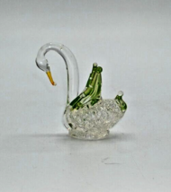 Vintage Miniature Spun Glass/Blown Glass Swan 2&quot; Tall Clear/Green - £4.64 GBP