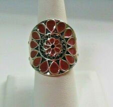 Silver-Tone Reddish/Brown Enamel &amp; Black Stone Flower Stretch Ring - $16.82