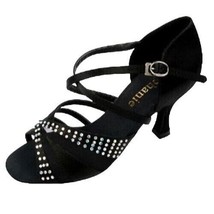 Stephanie Salsa Dance Shoes Bachata Ch Cha Black Satin Rhinestone 9.5 Crystal - £49.06 GBP
