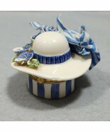 1999 Mud Pie Trinket Box Blue White Striped Ribbon Bow Floral Ceramic Bo... - €6,47 EUR