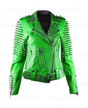 New Woman Green Silver Spiked Studded Punk Rock Cowhide Biker Leather Jacket-378 - £375.68 GBP