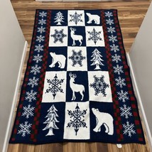 Vintage Hi Pile San Marcos Holiday Christmas Throw Blanket Bears Snowflakes Deer - £55.89 GBP