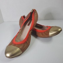 Louise et Cie Size 10 Color Block Tan Leather Round Gold Cap Toe Ballet Flats - £52.30 GBP