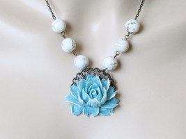 Flower Necklace Shabby Chic Necklace Blue Rose Necklace Garden Necklace Women Je - £25.57 GBP