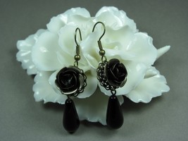 Black Earrings Bridal Jewelry Flower Earrings Rose Earrings Teardrop Earrings Wo - £15.71 GBP