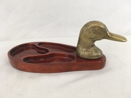 Vintage 80s Brass Duck Head Candy Valet Change Man Cave Wood Caddy Tray - £7.91 GBP