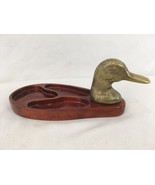 Vintage 80s Brass Duck Head Candy Valet Change Man Cave Wood Caddy Tray - £7.78 GBP