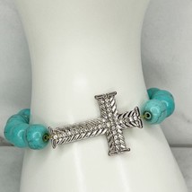 Faux Turquoise Beaded Rhinestone Cross Stretch Bracelet - £5.47 GBP