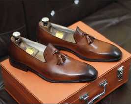 Handmade men&#39;s genuine brown leather loafer shoes, men tassels loafer - £160.84 GBP