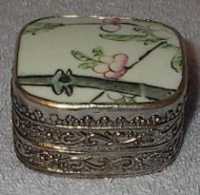 Collectible Ladies Vanity Dresser Trinket Box Porcelain and Silver - $6.95