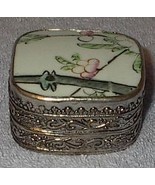 Collectible Ladies Vanity Dresser Trinket Box Porcelain and Silver - $6.95