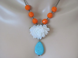 Neon Necklace Orange Necklace Flower Necklace Turquoise Necklace Flower Jewelry  - £26.94 GBP