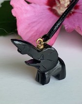 Black Nephrite Jade Elephant Pendant Necklace Carved Lucky Healing Stone Pet 18&quot; - £10.72 GBP