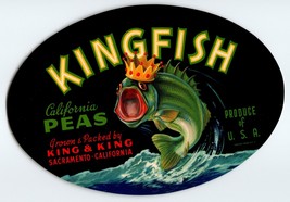 Kingfish Peas Label Fish Wears Crown Anthropomorphic Vintage 1940s Original - £12.56 GBP