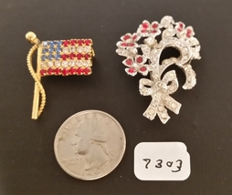 2 Vintage Rhinestone Pins – US Flag and Bouquet of Flowers - $9.99