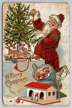 Christmas Santa Claus Decorating Tree Toys Rocking Horse Doll House Postcard K27 - £7.79 GBP