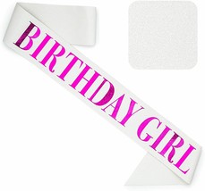 &#39;Birthday Girl&#39; Sash Glitter with Pink Foil - White Glitter Happy Birthd... - £9.46 GBP