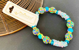 Bracelet: Double-stretch Elastic Duro Dipped Multi Colored Bead &amp;Clear Crystals - £2.40 GBP