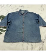 VJ Woman Vintage 90s Denim Shirt Plus Size 2x Blue Pink Embroidered Floral - $37.89 CAD