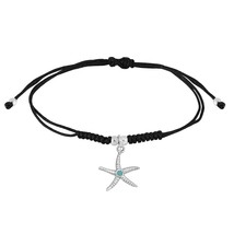 Tropical Sterling Silver Starfish Charm on Black Cotton Rope Adjustable Bracelet - £9.87 GBP