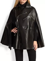 Black Poncho Style Leather Women Jacket Soft Lambskin Unique Casual Wear Biker - $143.06+