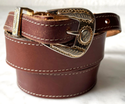 Chambers Ranger Brown Leather Belt Gold/Silver Tone Buckle-Keeper-Tip Vintage-32 - £22.74 GBP