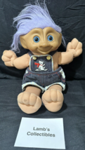 Treasure Troll 1991 Ace Novelty Co Plush Soft Doll Denim Overalls Purple Hair - £27.29 GBP