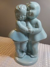 Vtg Pottery Baby Blue BOY LOVES GIRL  Planter Stem Vase Clay Figure 8&quot; - £10.50 GBP