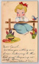 Handmade Hand-cut Die-cut Applique Girl Hat Fence Bird Randolph MA Postcard C24 - £11.70 GBP
