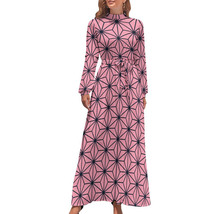 Woman Asanoha Japanese Pattern Long Sleeve High Neck Long Dress (Size XS to XL) - £28.52 GBP