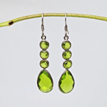 925 Sterling Silver - Bezel Set Green Glass Crystal Drop Dangle Earrings - £18.38 GBP