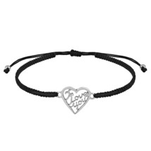 Romantic &#39;I love You&#39; Heart Sterling Silver Charm Black Rope Adjustable Bracelet - £12.39 GBP