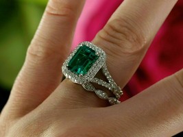 4ct Green Simulated Emerald Bridal Set Ring Vintage Band 14k White Gold Plated - £126.17 GBP
