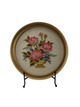 1960s Pink Blue Flowers Floral Art Crewel Embroidery Round Gold Frame - £23.56 GBP