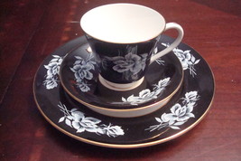Aynsley England 2804 trio cup saucer, dessert plate black white flowers orig[99] - £50.60 GBP