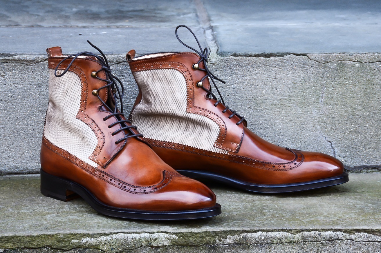 NEW Handmade Men Brown Gray Fabric Leather boot, Men lace up Wingtip Ankle High