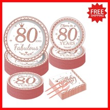 Stylish 80th Birthday Celebration Pack: 50 Plates, Napkins &amp; Forks in Ro... - $762.82 MXN