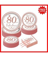 Stylish 80th Birthday Celebration Pack: 50 Plates, Napkins &amp; Forks in Ro... - $56.46 CAD