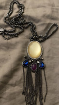 Vintage Necklace 34” Red Blue Cream Beaded Pendant Woth Silver Rope Chain - £6.19 GBP