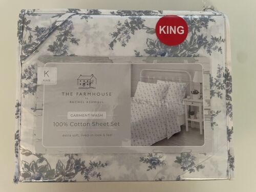 Primary image for New Rachel Ashwell The Farmhouse Shabby Chic Sheet Set King White Blue Floral