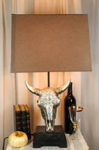 26&quot; Southwest Vintage Rustic Floral Scroll Steer Bison Skull Table Lamp W/ Shade - £89.51 GBP